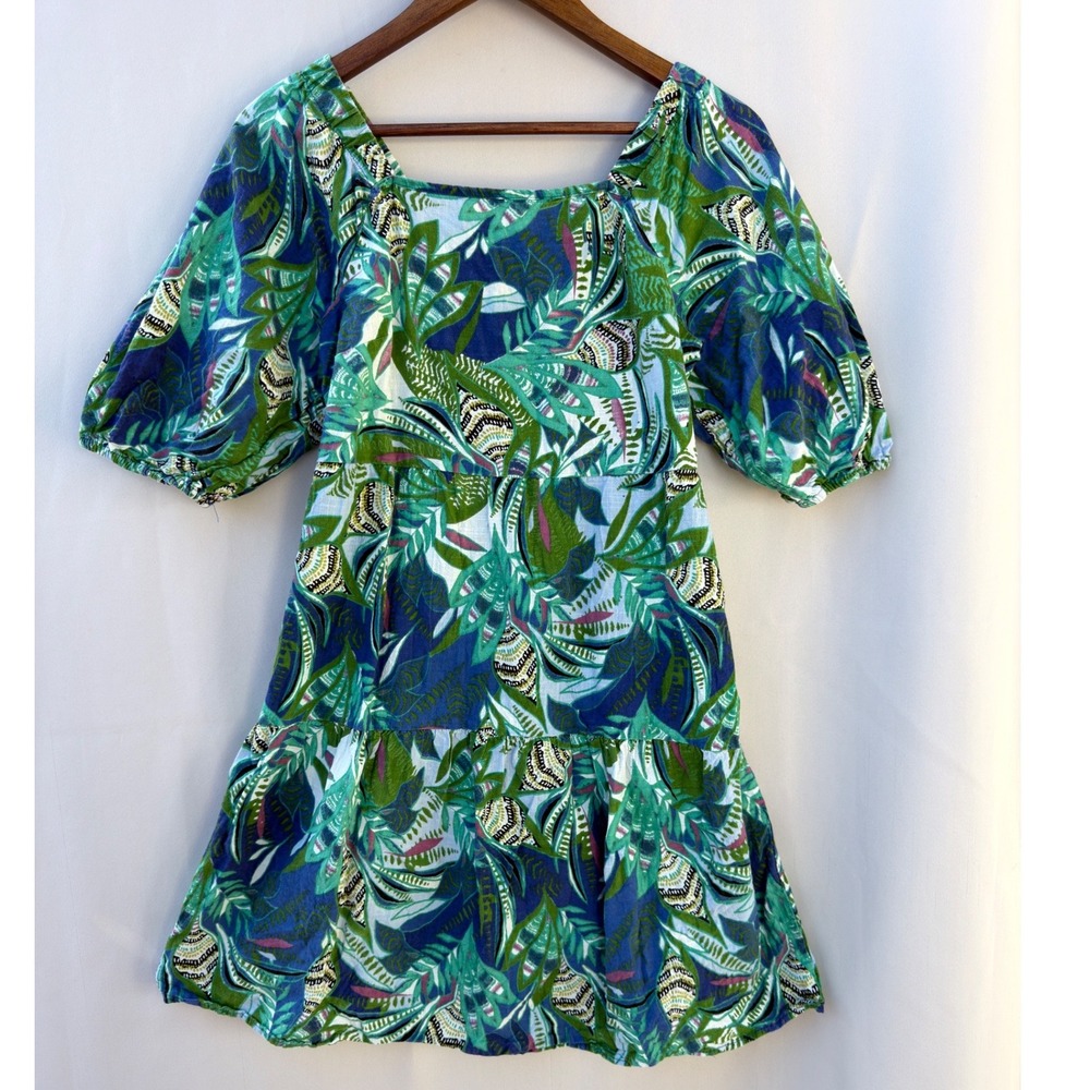 Mlle Gabrielle Tropical Print Cotton Dress Puff Sleeve Resort Medium